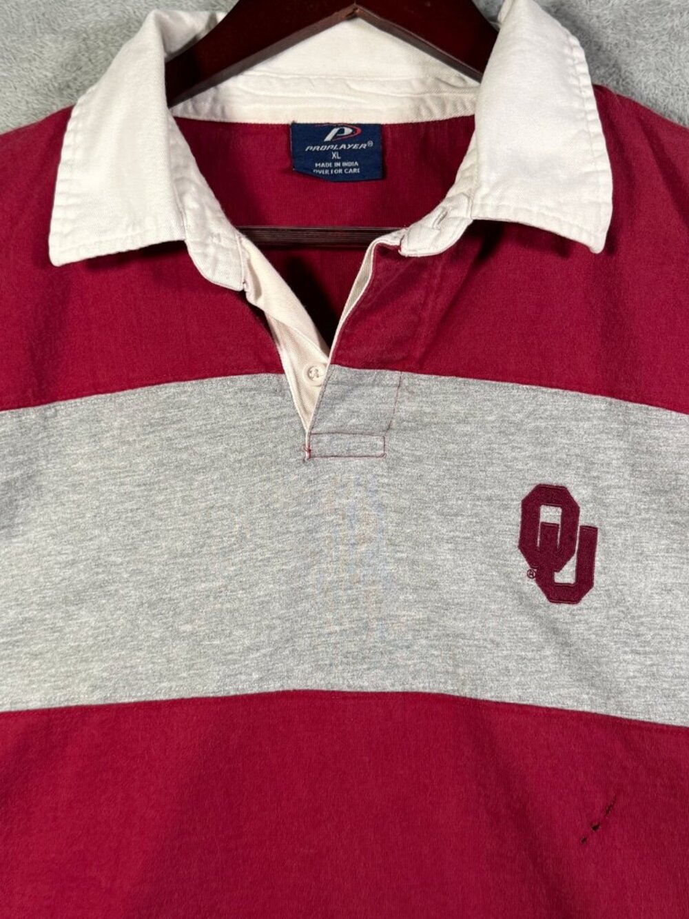 Oklahoma Sooners Pro Player Rugby Shirt Mens XL Red Gray Striped NCAA *FLAW